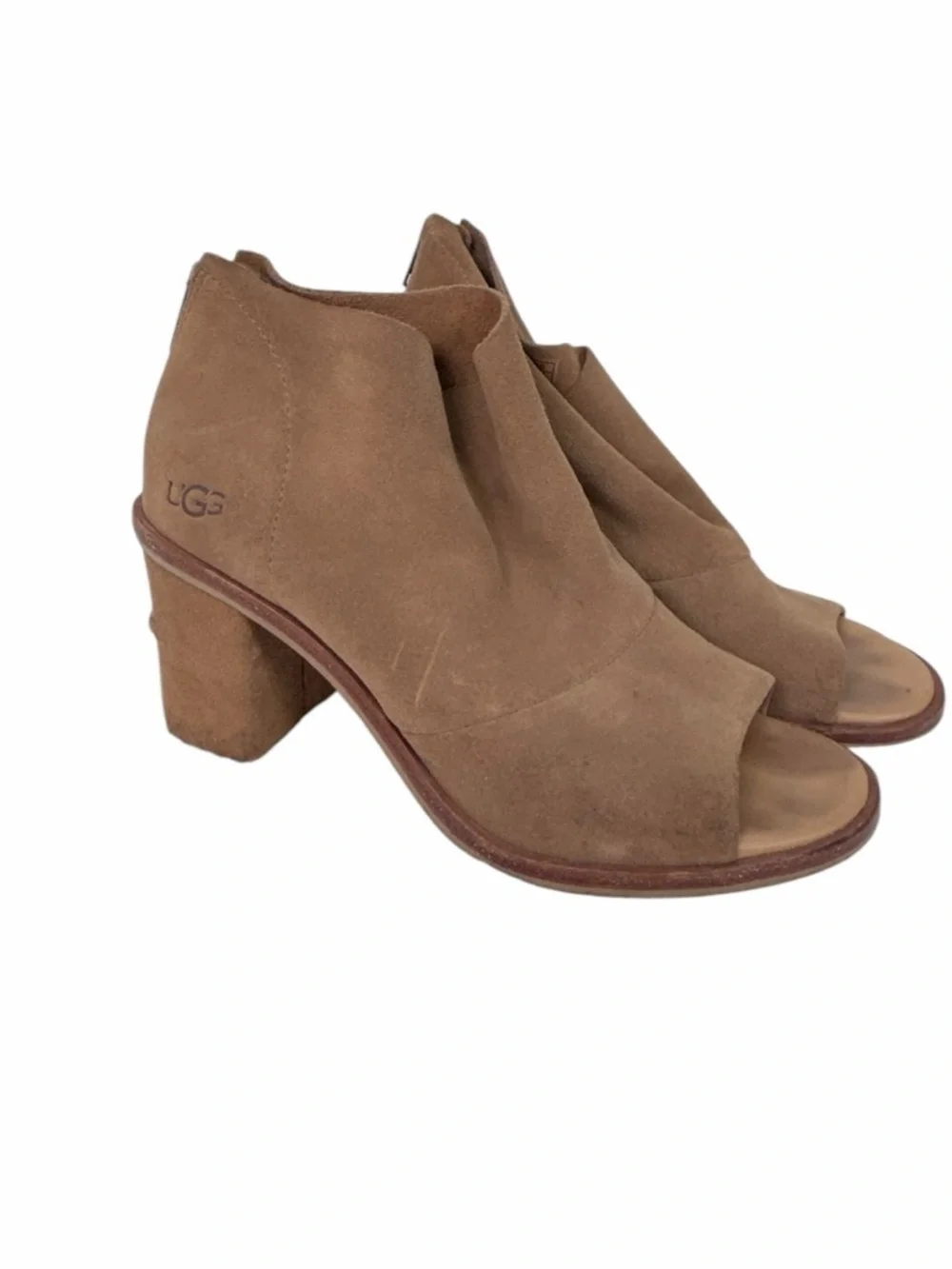 UGG Australia Suede Open Toe Booties Heels Brown Size 7.5 Block Heel Ankle Boots - Picture 9 of 16